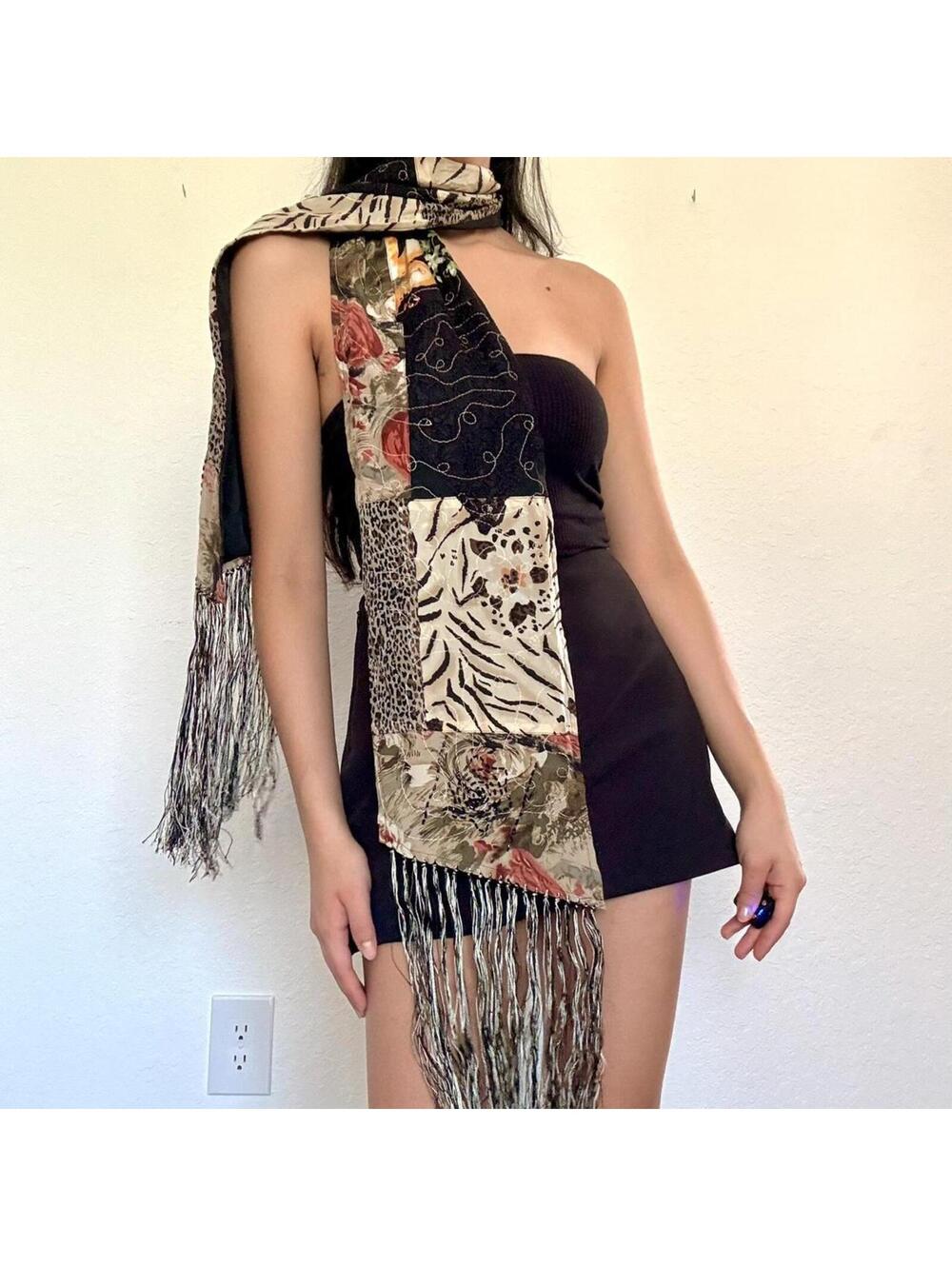 Vintage Patchwork Beaded Fringe Scarf